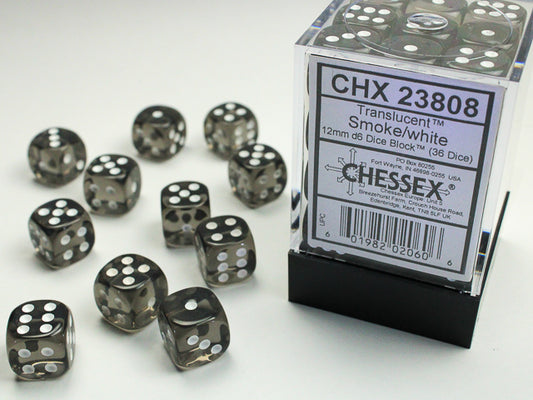 Chessex: Translucent Smoke/White 12mm d6 Dice Block (36 Dice)