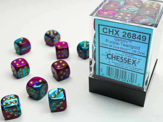 Chessex: Gemini Purple-Teal/Gold 12mm d6 Dice Block (36 Dice)