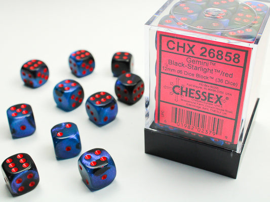 Chessex: Gemini Black-Starlight/Red 12mm d6 Dice Block (36 Dice)
