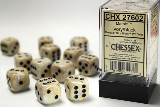 Chessex: Marble Ivory/Black 16mm d6 Dice Block (12 Dice)