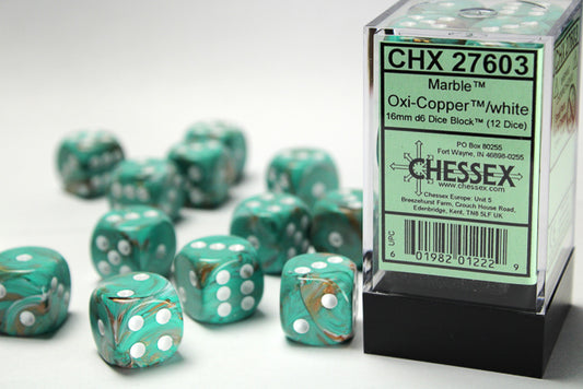 Chessex: Marble Oxi-Copper/White 16mm d6 Dice Block (12 Dice)