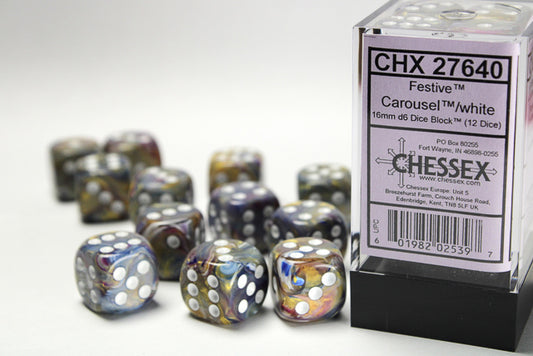 Chessex: Festive Carousel/White 16mm d6 Dice Block (12 Dice)