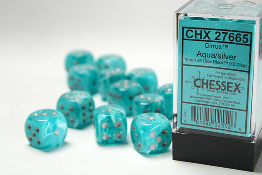 Chessex: Cirrus Aqua/Silver 16mm d6 Dice Block (12 Dice)