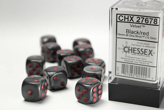 Chessex: Velvet Black/Red 16mm d6 Dice Block (12 Dice)