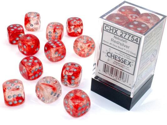 Chessex: Nebula Red/Silver Luminary 16mm d6 Dice Block (12 Dice)