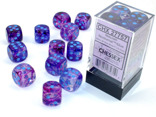 Chessex: Nebula Nocturnal/Blue Luminary 16mm d6 Dice Block (12 Dice)