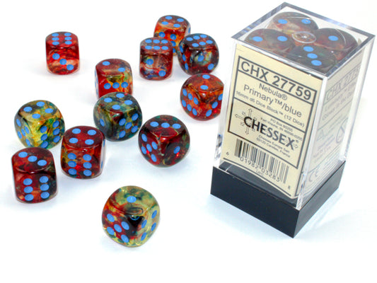 Chessex: Nebula Primary/Blue Luminary 16mm d6 Dice Block (12 Dice)