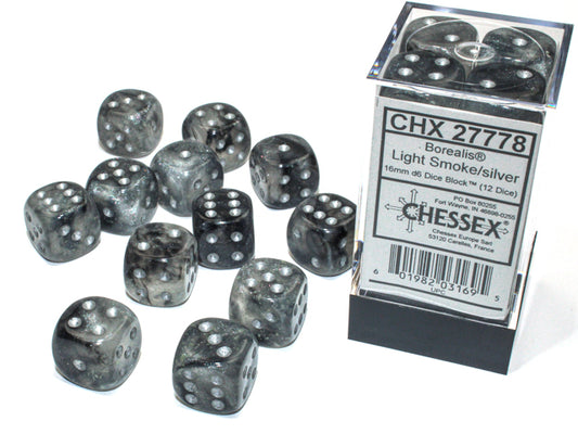 Chessex: Borealis Light Smoke/Silver Luminary 16mm d6 Dice Block (12 Dice)