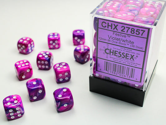 Chessex: Festive Violet/White 12mm d6 Dice Block (36 Dice)