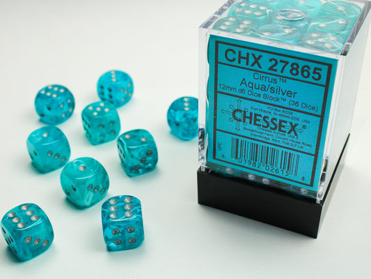 Chessex: Cirrus Aqua/Silver 12mm d6 Dice Block (36 Dice)