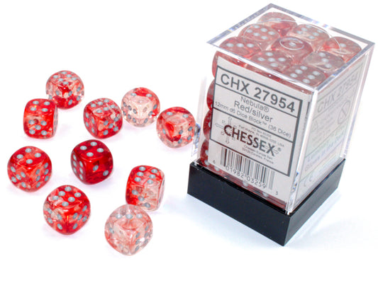 Chessex: Nebula Red/Silver Luminary 12mm d6 Dice Block (36 Dice)