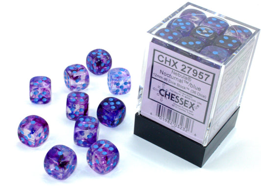 Chessex: Nebula Nocturnal/Blue Luminary 12mm d6 Dice Block (36 Dice)