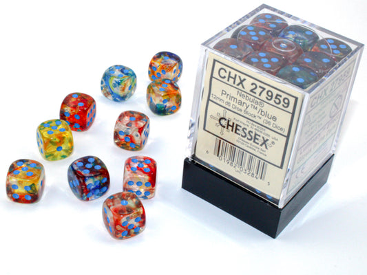 Chessex: Nebula Primary/Blue Luminary 12mm d6 Dice Block (36 Dice)
