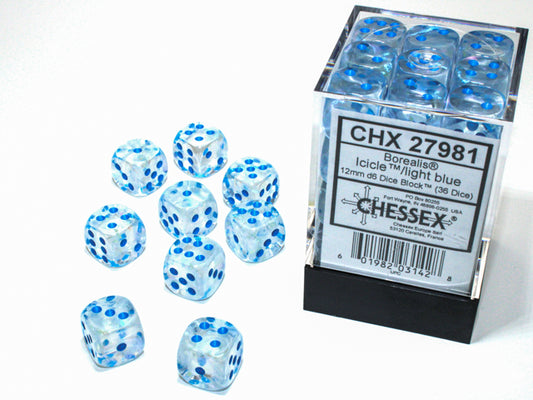 Chessex: Borealis Icicle/Light Blue Luminary 12mm d6 Dice Block (36 Dice)