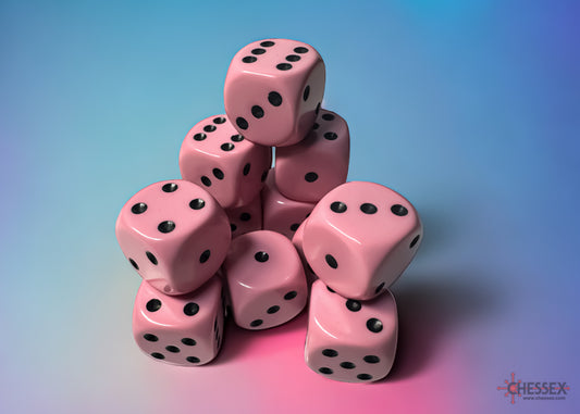 Chessex: Opaque Pastel Pink/Black 16mm d6 Dice Block (12 Dice)